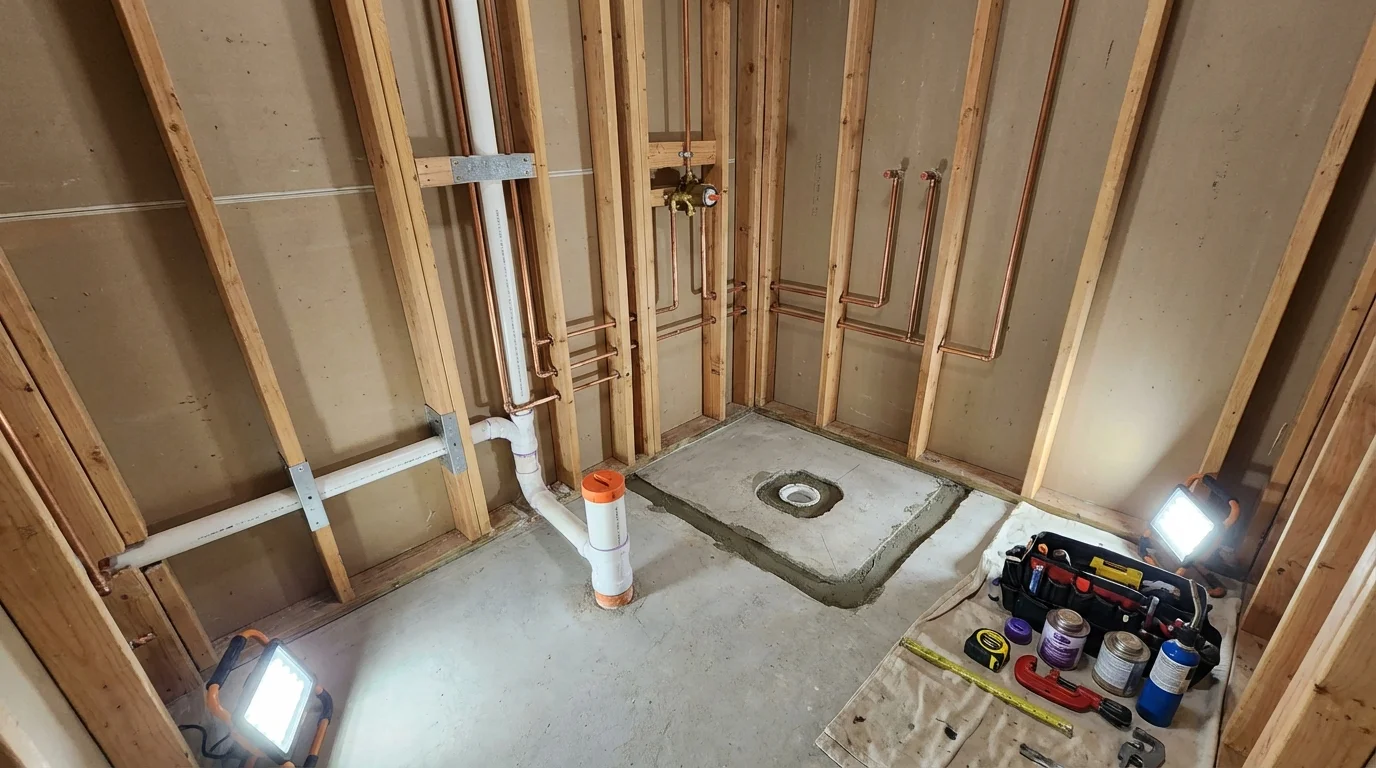 Bathroom rough-in plumbing during remodel by Johns Plumbing LLC in Kew Gardens