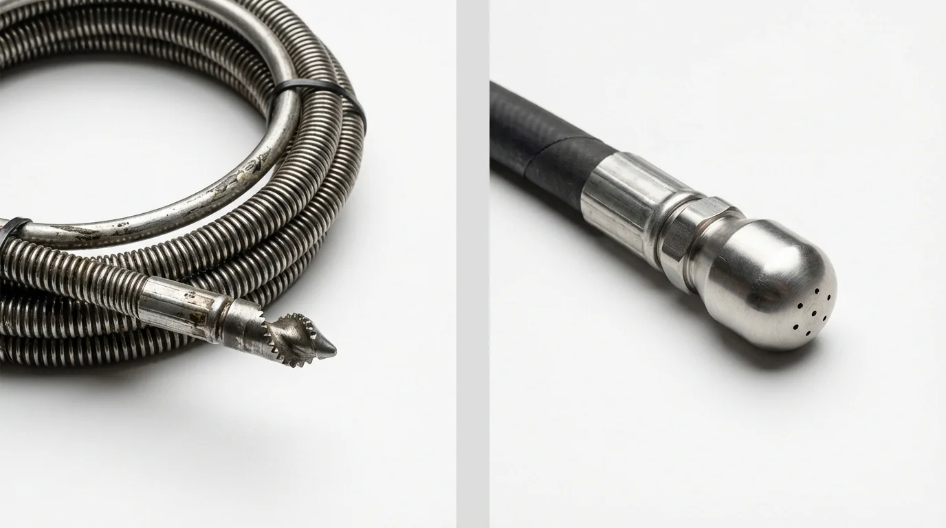 Drain snake cable and hydro jetting nozzle used for drain cleaning in Kew Gardens, NY