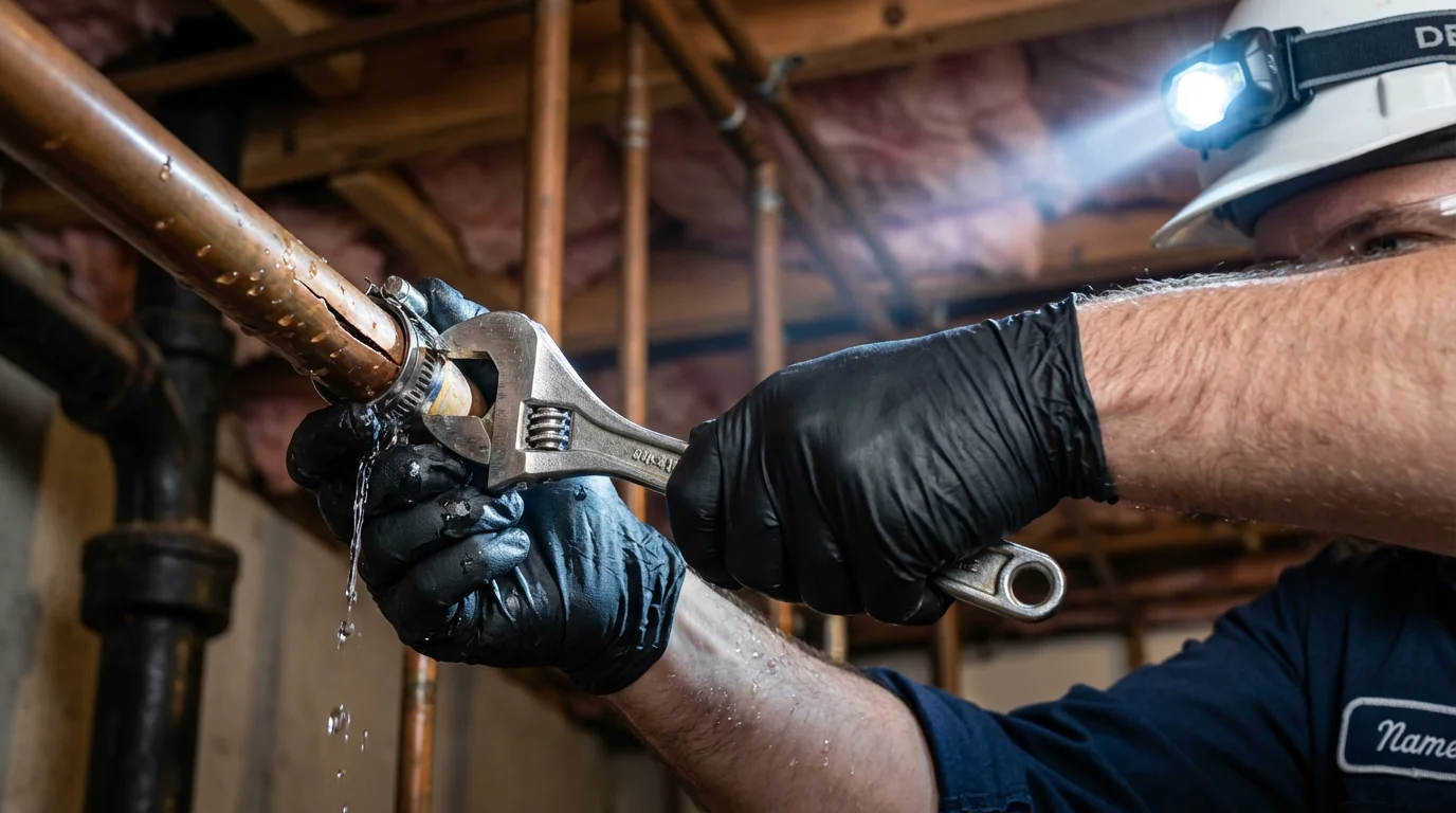 Emergency pipe clamp repair being performed by a Johns Plumbing LLC plumber in Kew Gardens