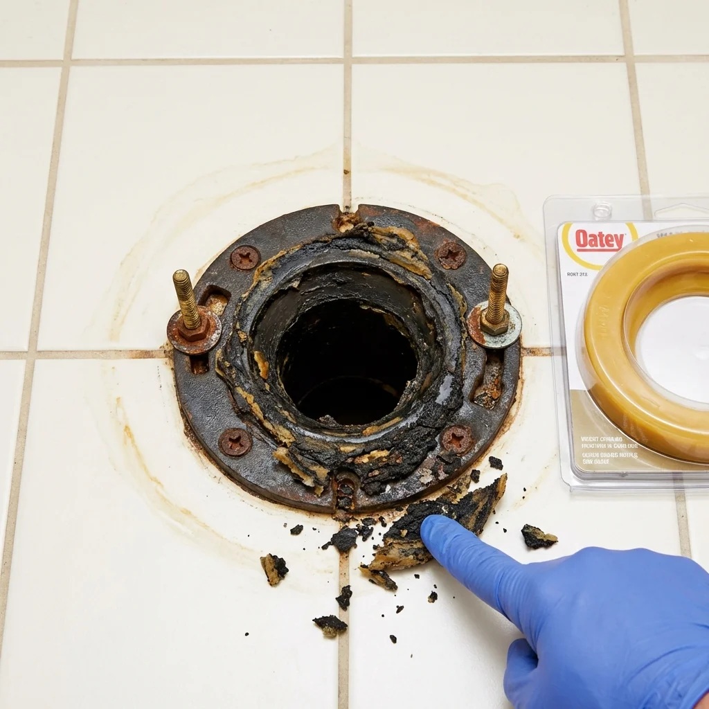 Failed wax ring showing water seepage at the base of a toilet in a Kew Gardens, NY home