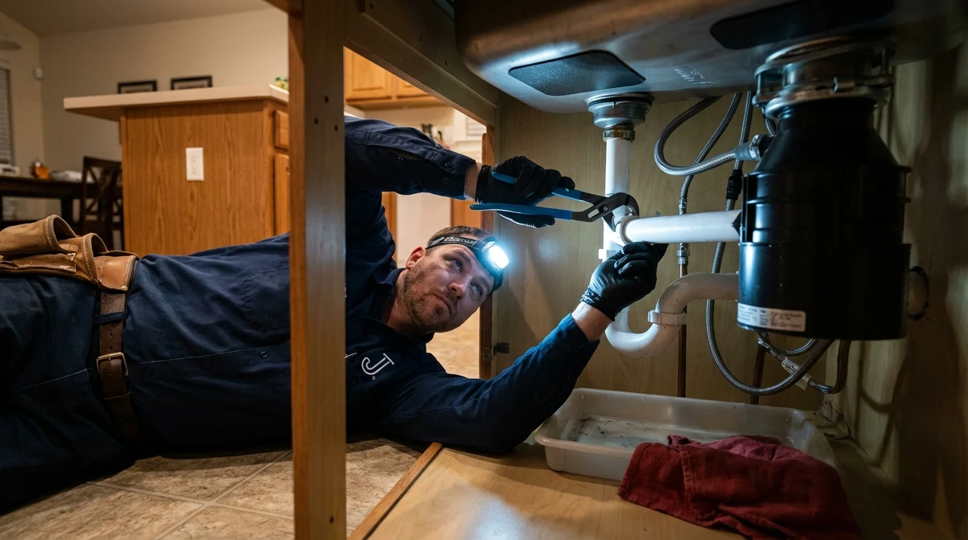 P-trap and supply line connections under a kitchen sink showing a common leak point in Kew Gardens, NY